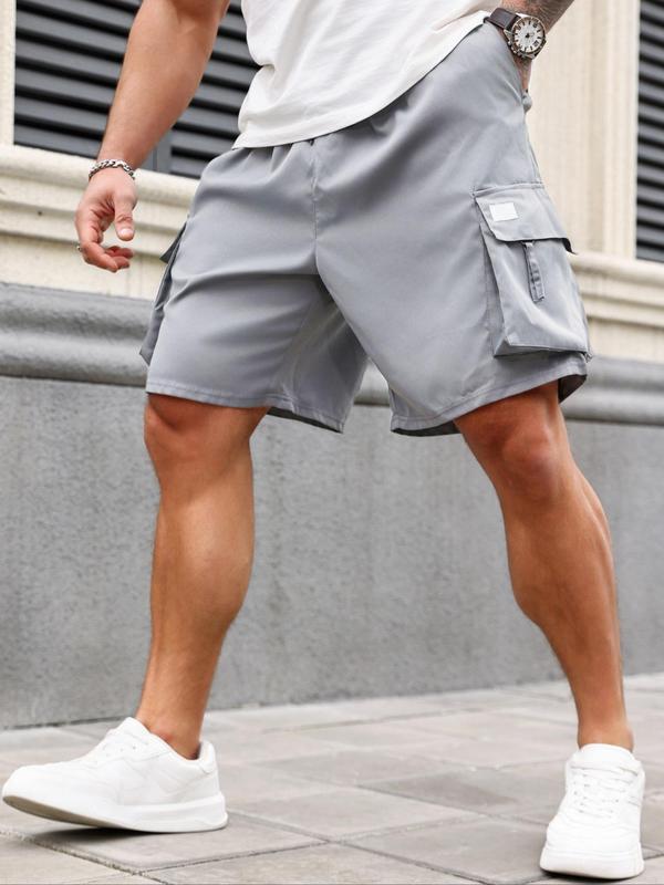 Men's Plus Size Solid Flap Pocket Cargo Shorts, Casual Elastic Waist Shorts for Daily Outdoor Streetwear, Summer Shorts, Plus Size Men's Bottoms for All Seasons