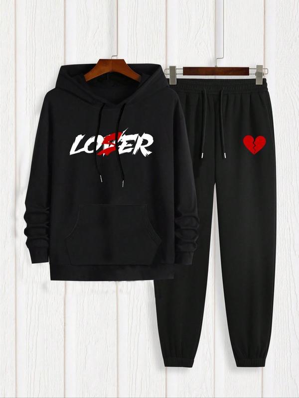 two-piece Set Letter Print Hoodie & Heart Printed Sweatpants Set, Casual Drawstring Pocket Long Sleeve Hooded Sweatshirt & Elastic Waist Trousers, Men's Plus Fall & Winter Clothes, Fall Outfits 2024