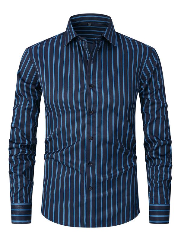 Men's Striped Print Button Front Shirt, Regular Fit Casual Long Sleeve Collared Top for Spring & Fall, Men's Clothes for Business Work Daily Wear