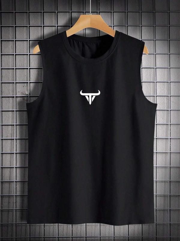 Men's Bull Head Print Round Neck Tank Top, Casual Sleeveless Crew Neck Top for Summer, Fashion Men's Clothes for Daily Wear