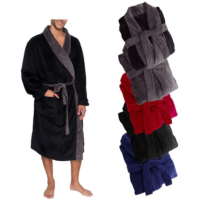 Mens Robe Shawl Collar Wrap Style - Mid Length Plush Bathrobe Menswear Gowns