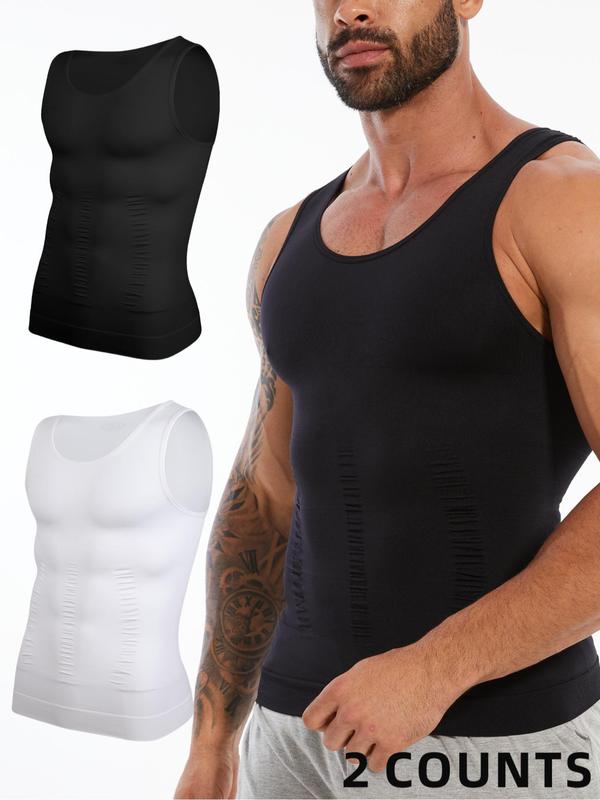 Men's Solid Round Neck Tank Top, Casual Comfy Tummy Control Shaper Vest for Daily Wear, Men's Shapewear for All Seasons