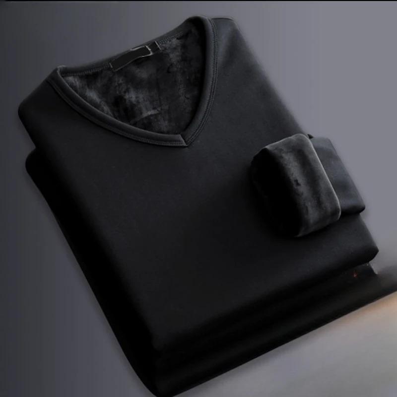 Winter Men Thermal Underwear Long Sleeved Warm Fleece T-shirt Velet T-shirt Solid Color V-Neck Tops Winter Slim Warm T-shirt