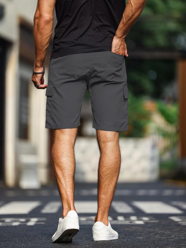 Men's Solid Pocket Cargo Shorts, Regular Fit Casual Elastic Waist Straight Leg Shorts, Summer Woven Bottoms for Men