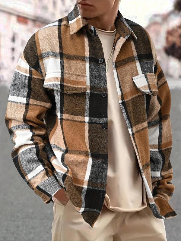 Men's Tartan Print Pocket Jacket Coat, Men's Designer Clothes, Casual Comfy Button Front Coat Outerwear for Fall, Men Going Out Outfits for Daily Wear, Menswear Starboy Outfit Men