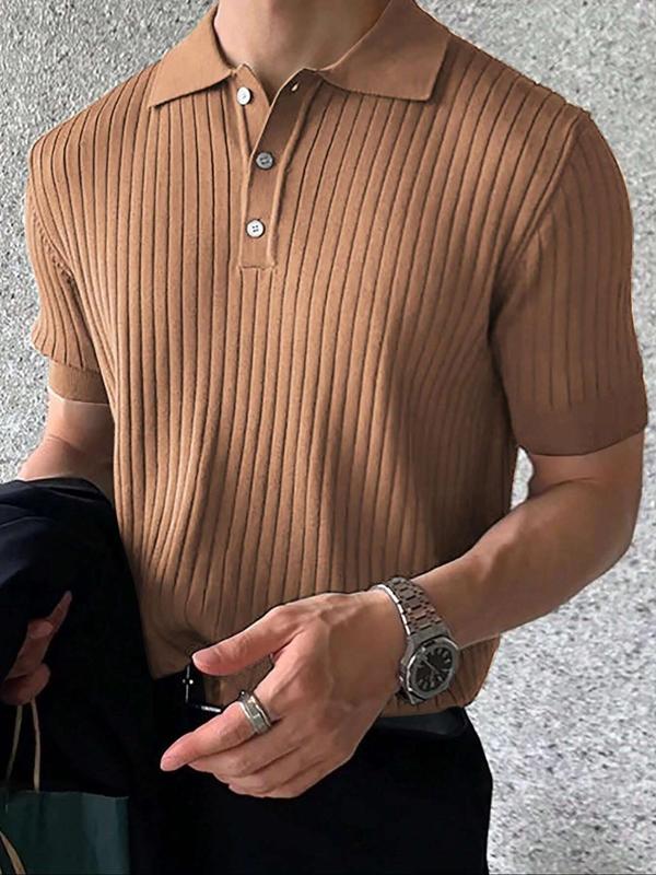 Men's Plain Textured Button Front Knit Top, Men's Clothing Outfits, Regular Fit Streetwear Plain Short Sleeve Collared Polo Top, Summer Clothes, Mens Clothing, Menswear Ginger And Green Shirt