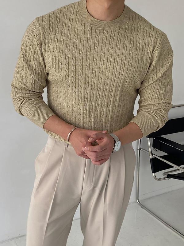 Men's Solid Textured Round Neck Sweater, Slim Casual Long Sleeve Crew Neck Jumper for Fall & Winter, Fashion Men's Knitwear for Daily Wear