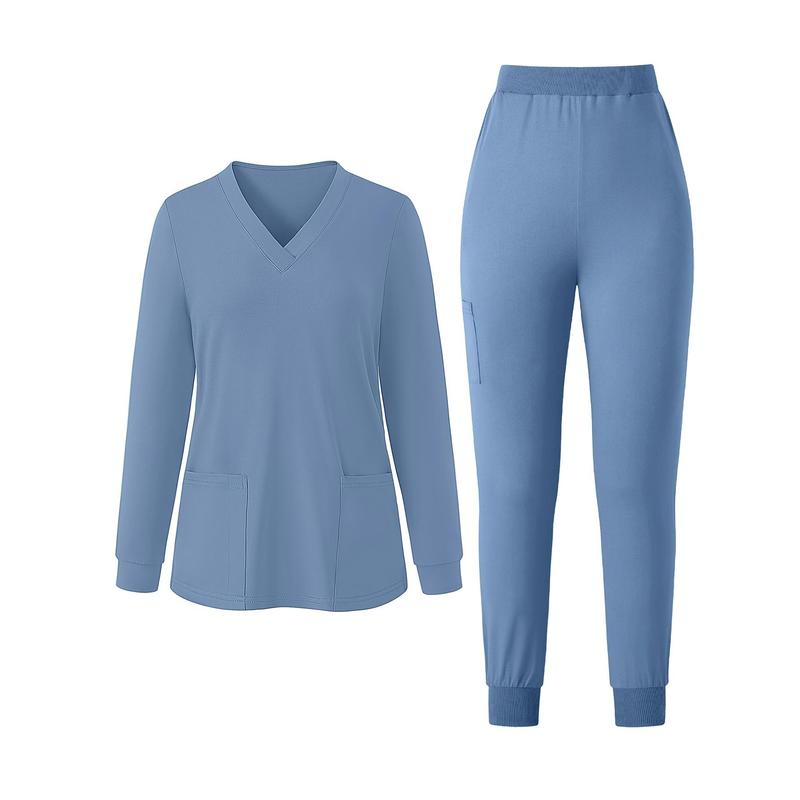 Elegant V-Neck Long Sleeve Scrub Set with Pockets - Stretchy Polyester & Elastane Blend, Machine Washable - For Nurses & Healthcare Professionals - Perfect for Hospital & Clinic Work - Ideal Gift for Nurses & Medical Staff