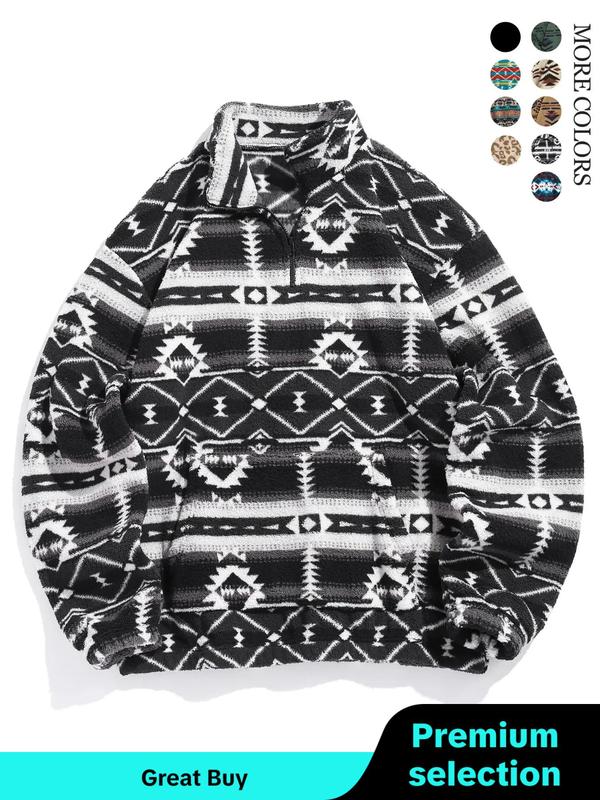 Men's Ethnic Pattern Drop Shoulder Zipper Sweatshirt, Fall Clothes, Regular Fit Casual Comfy Streetwear Long Sleeve Stand Collar Pullover, Fall Outfits 2024, Men's Back To School Clothes, Men's Clothing Outfits, Fall Outfits, Fallfreshness, Y2k Tops