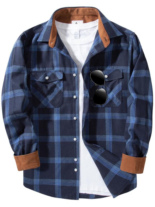 Men's Plaid Print Button Front Shirt, Shirts for Men, 2000s Shirts, Regular Fit Casual Long Sleeve Collared School Tops for Spring & Fall, Men's Clothes for Daily Wear