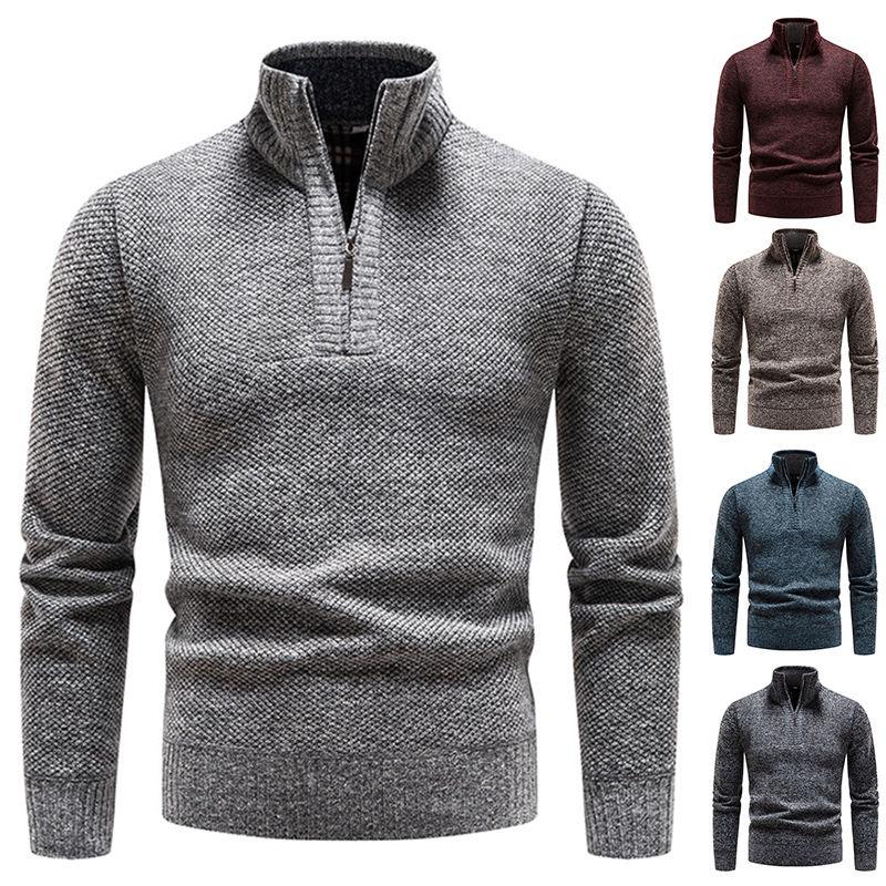 Half Zipped Stand Collar Men's Pullovers Season Men's Clothing Fleece-lined Thickened Long-Sleeved Sweater Cardigan