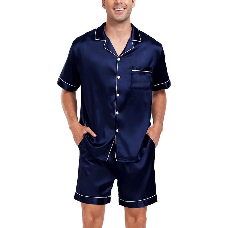 Men Satin Silk Pajamas Sets Short Sleeve Sleepwear Button-Down PJs Sets Two-Pieces Loungewear with Pockets