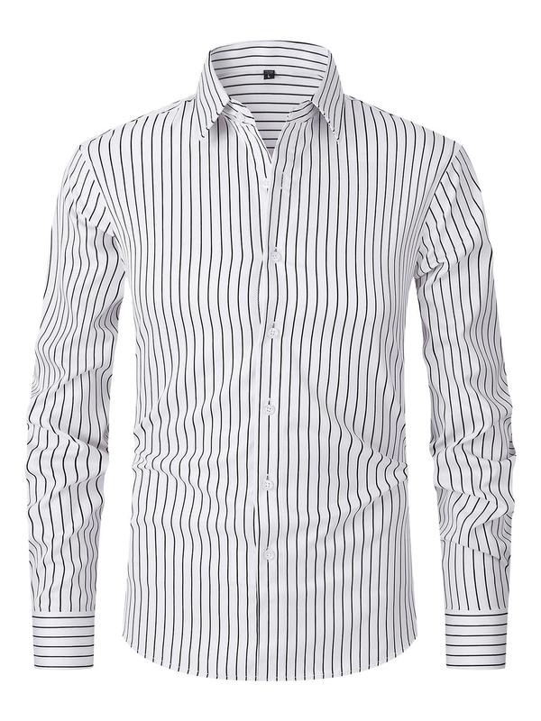 Men's Striped Print Button Front Shirt, Regular Fit Casual Long Sleeve Collared Top for Spring & Fall, Men's Clothes for Business Work Daily Wear