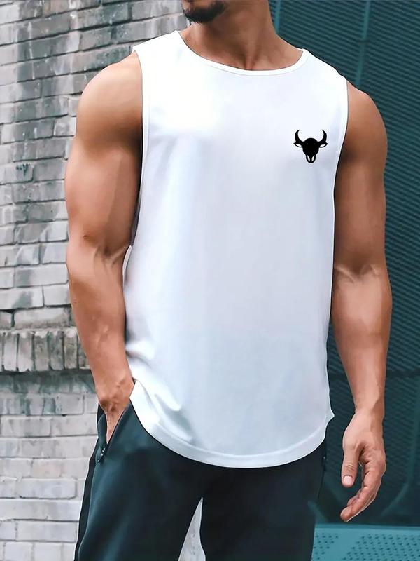 Men's Bull Head Print Round Neck Tank Top, Regular Fit Casual Sleeveless Crew Neck Top for Daily Outdoor Wear, Tank Top for Men, Men's Clothing for All Seasons