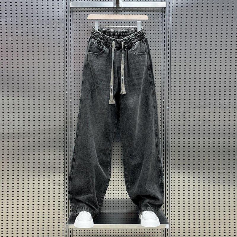 Men's Wide Leg Jeans with Elastic Waist Drawstring, Street Style, Casual Jeans, Men's Casual Jeans