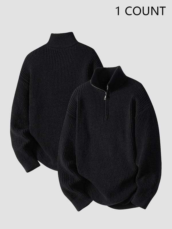 Men's Solid Zip Up Drop Shoulder Pullover, Regular Fit Casual Long Sleeve Stand Collar Knitwear for Fall & Winter, Men's Clothes for Daily Wear