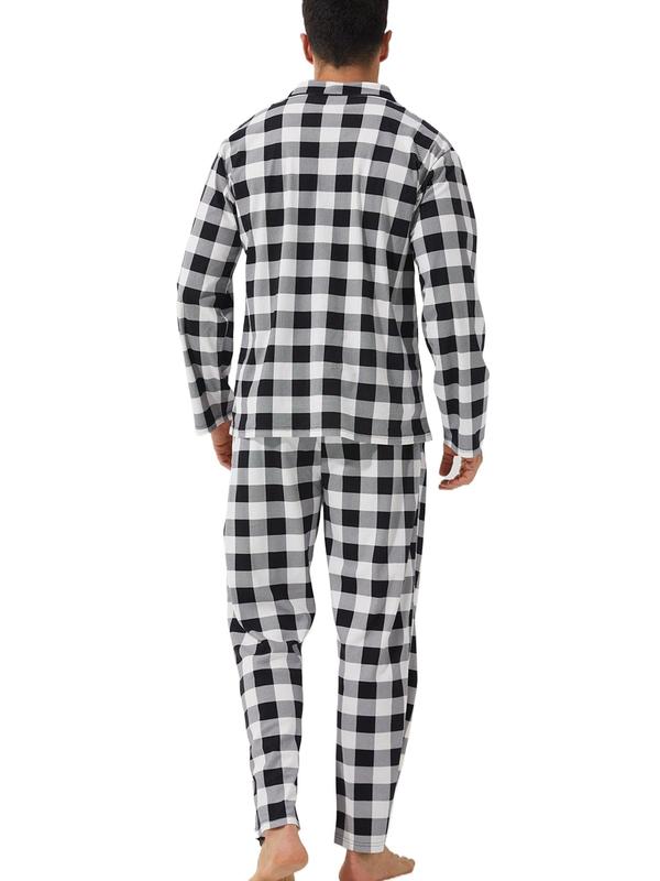 Men's Plaid Print Button Front Pocket Top & Pants Loungewear Two-piece Set, Casual Comfy Long Sleeve Lapel Neck Top & Pocket Pants Lounge Set, Men's Loungewear for Spring & Fall