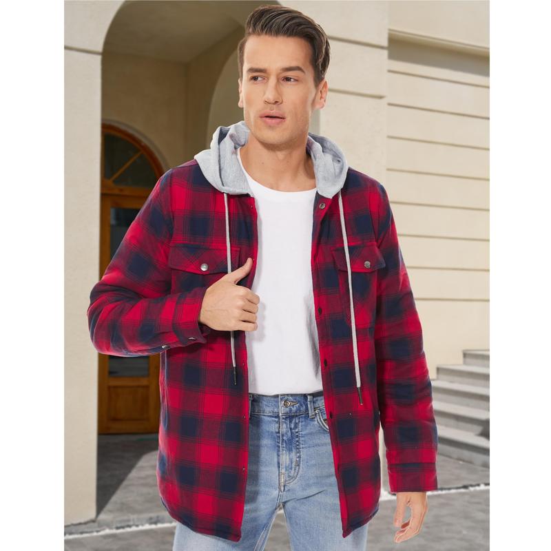 MAGCOMSEN Men's Flannel Shirt Jacket with Hood Quilted Lined Long Sleeve Plaid Hooded Jacket Button Down Winter Warm Coat