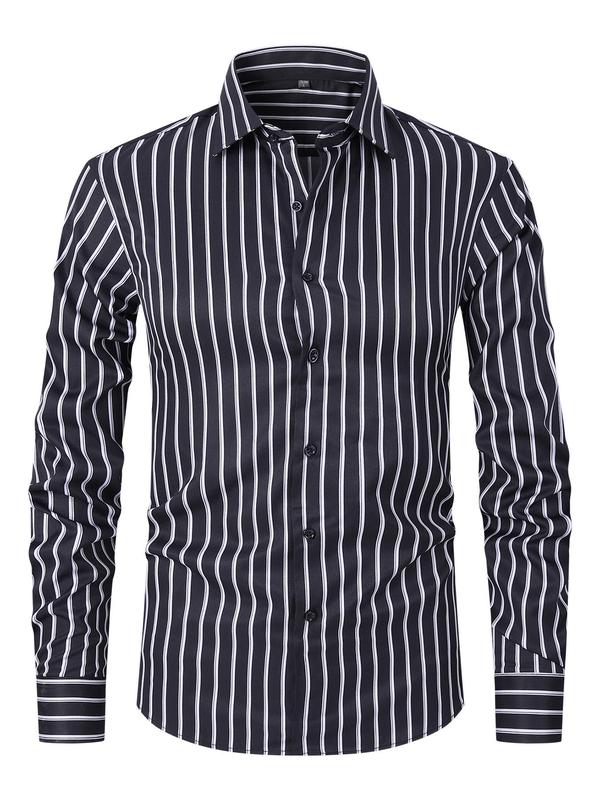 Men's Striped Print Button Front Shirt, Regular Fit Casual Long Sleeve Collared Top for Spring & Fall, Men's Clothes for Business Work Daily Wear