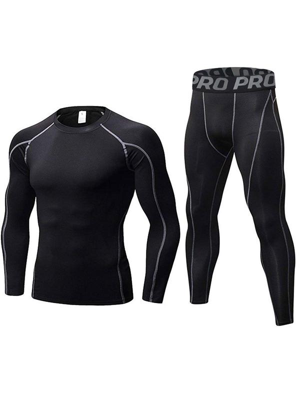 Men's Letter Tape Thermal Underwear Set, Long Sleeve Compression Top & Leggings, Casual Comfy Warm Underwear Set for Fall & Winter