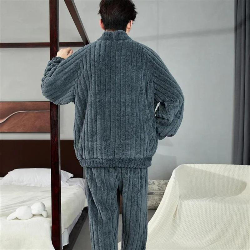 2024 New Winter Warm Coral Fleece Men Pajamas Set Fluffy Tops + Long Pants Sleepwear for Sleeping 2 Piece Homewear Loungewear