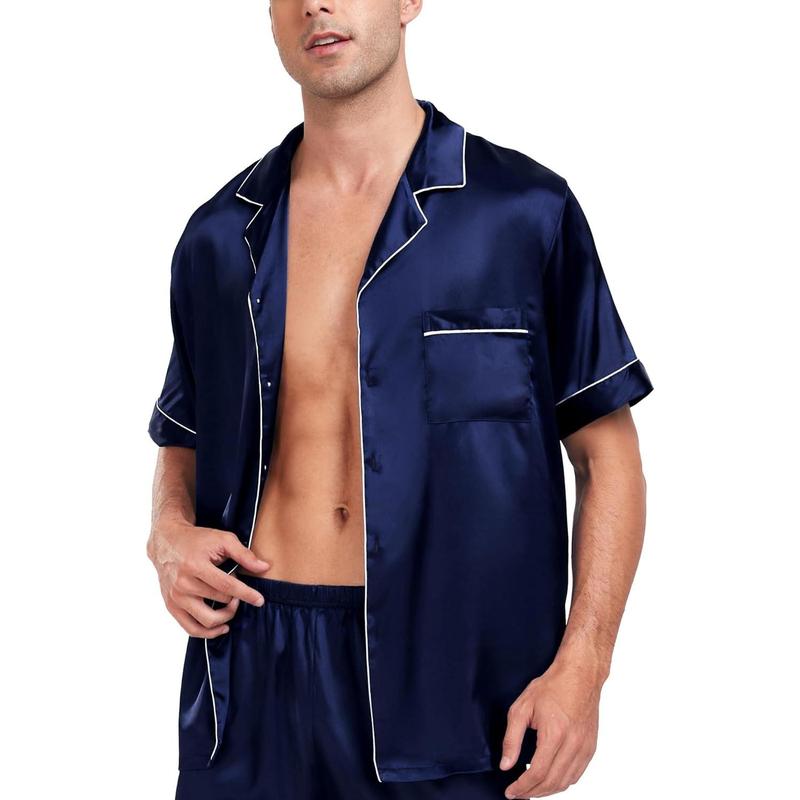 Men Satin Silk Pajamas Sets Short Sleeve Sleepwear Button-Down PJs Sets Two-Pieces Loungewear with Pockets