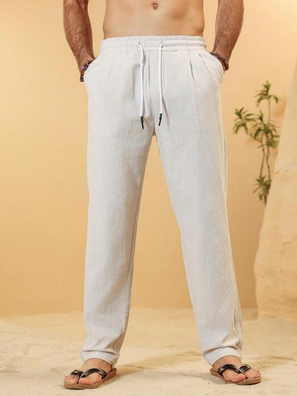 Men's Solid Plicated Drawstring Waist Linen Pants, Regular Fit Casual Comfy Pocket Straight Leg Trousers for Spring & Fall, Men Bottoms for Daily Wear