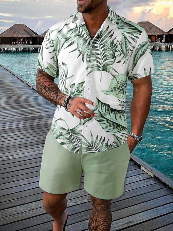 Men's Short Sleeve Two-Piece Set, Boho Leaf Print Button Front Shirt & Plain Drawstring Pocket Shorts, Hawaiian Men's Clothing