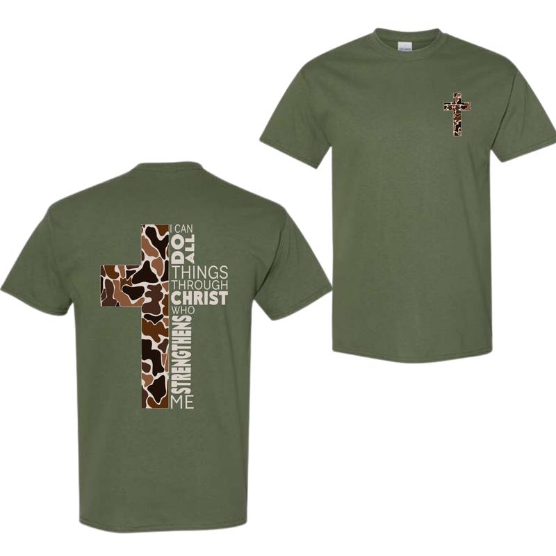 Christian T-Shirt, Camo Cross Design With Philippians 4:13 Verse, Perfect For Faithful Believers And Outdoorsmen