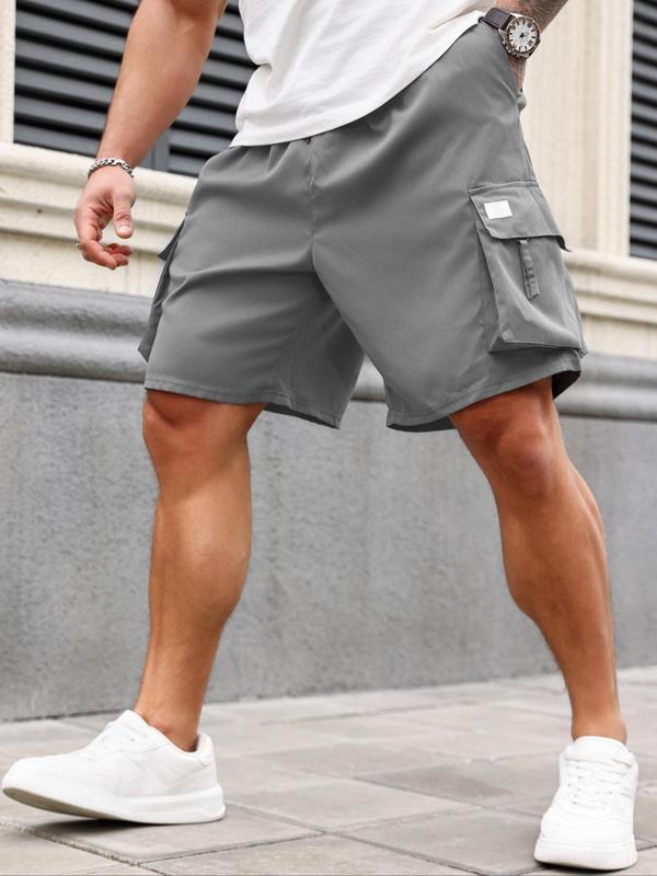 Men's Plus Size Solid Flap Pocket Cargo Shorts, Casual Elastic Waist Shorts for Daily Outdoor Streetwear, Summer Shorts, Plus Size Men's Bottoms for All Seasons