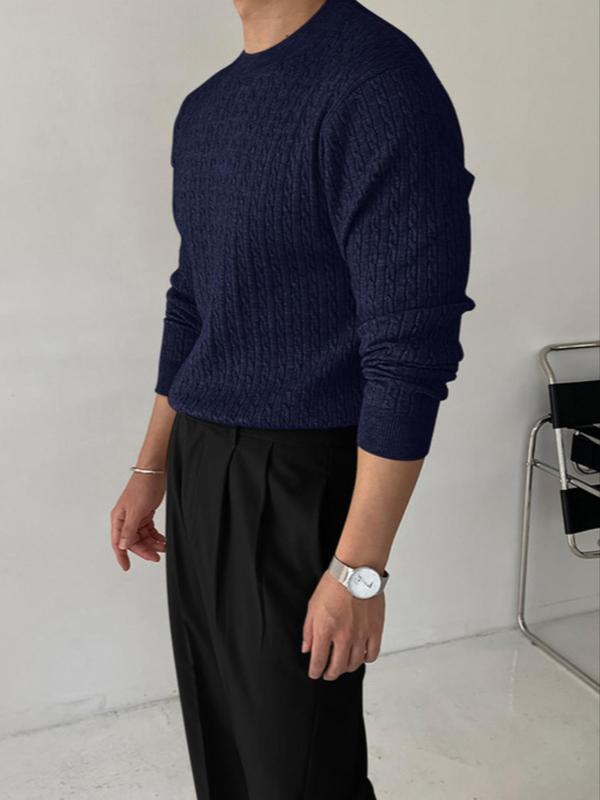 Men's Solid Textured Round Neck Sweater, Slim Casual Long Sleeve Crew Neck Jumper for Fall & Winter, Fashion Men's Knitwear for Daily Wear