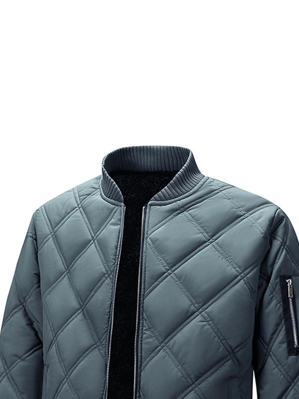 Men's Solid Zip Up Quilted Windproof Bomber Jacket, Regular Fit Casual Long Sleeve Stand Collar Thermal Lined Outerwear for Fall & Winter, Men's Clothes for Daily Wear