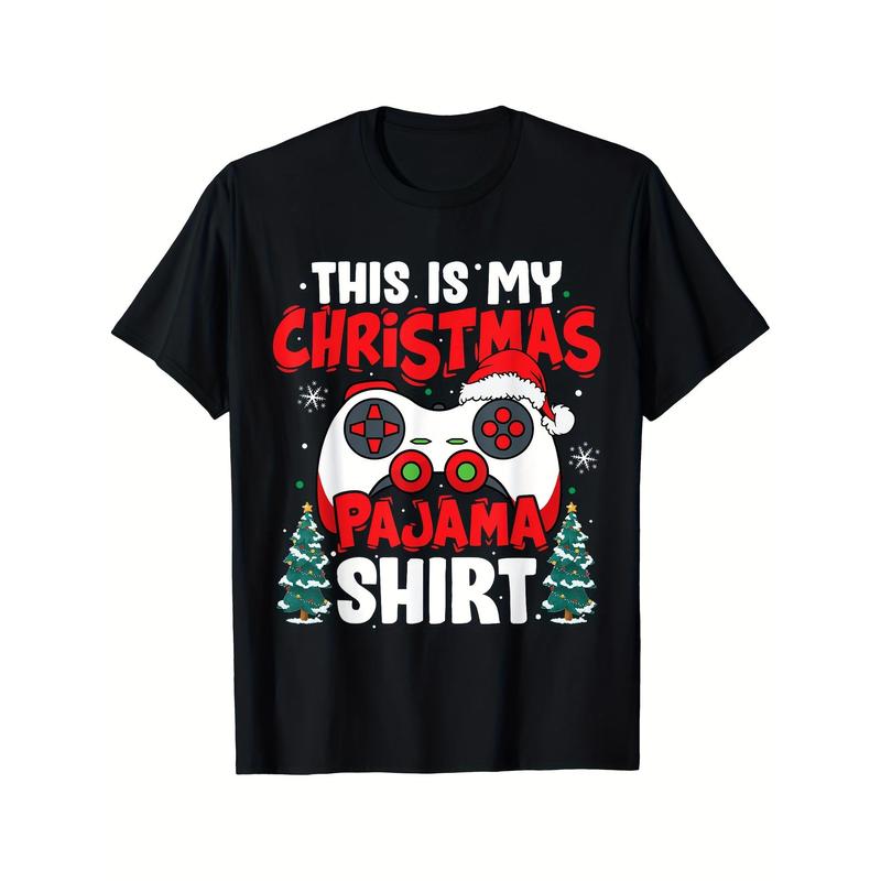 This Is My Christmas Pajama Video Game Gamer Boys Teens Printed T-shirt Comfortable Breathable, Soft, Casual Short Sleeve, Daily Wear, All Season, Black Men 220g made in usa