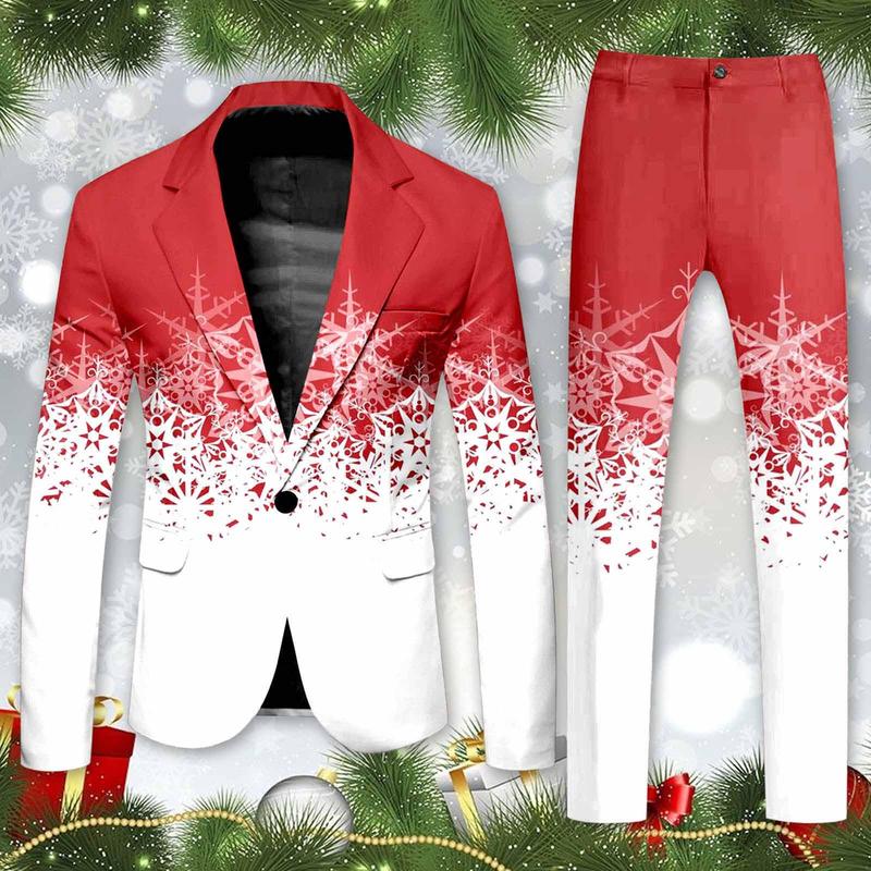 Men’s Christmas Formal Party Blazer Suit - Long Sleeve Lapel Single-Button Suit Coat with Pockets and Slim Long Pants, Blazer Set