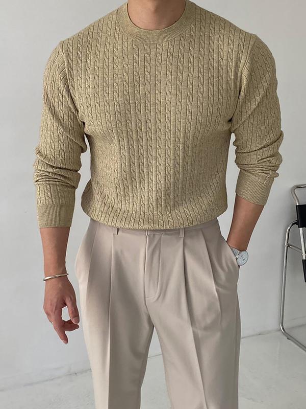 Men's Solid Textured Round Neck Sweater, Slim Casual Long Sleeve Crew Neck Jumper for Fall & Winter, Fashion Men's Knitwear for Daily Wear