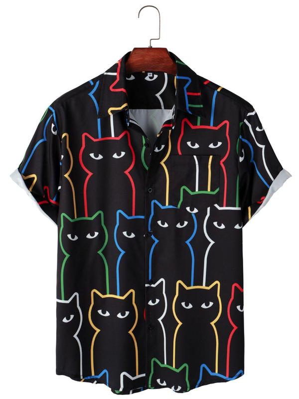 Men's All Over Cat Print Button Front Shirt, Loose Casual Short Sleeve Collared Top for Summer, Fashion Men's Clothes for Daily Wear