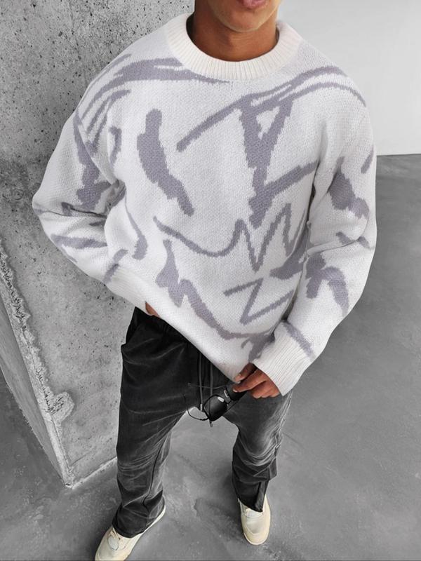 Men's Geometric Print Drop Shoulder Sweater Pullover, Loose Casual Street Soft Comfy Long Sleeve Round Neck Jumper for Fall & Winter, Men's Knitwear for Daily Wear