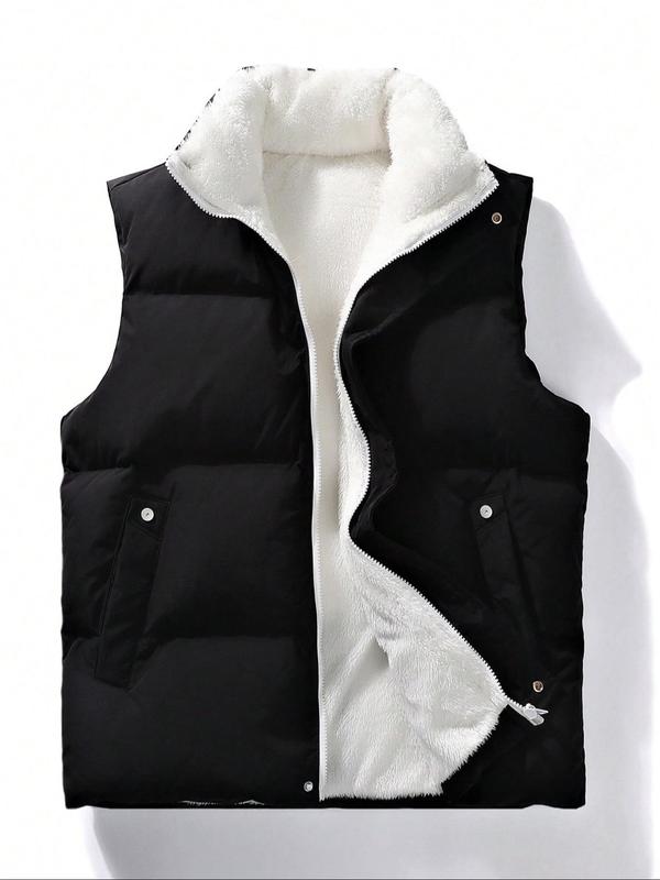 Men's Solid Pocket Zipper Funnel Neck Vest Gilet, Regular Fit Casual Sleeveless Thermal Lined Outerwear for Fall & Winter, Men's Clothes for Daily Wear