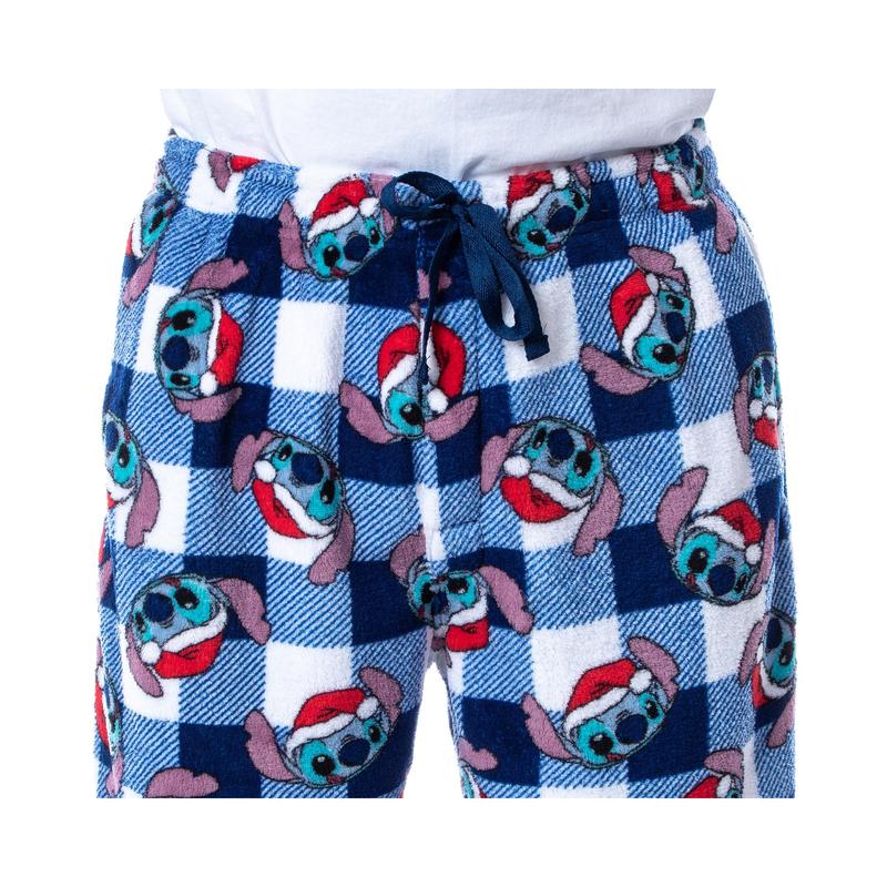 Disney Adult Lilo And Stitch Christmas Santa Hat Buffalo Plaid Print Soft Fleece Sleep Pajama Pants for Men Women