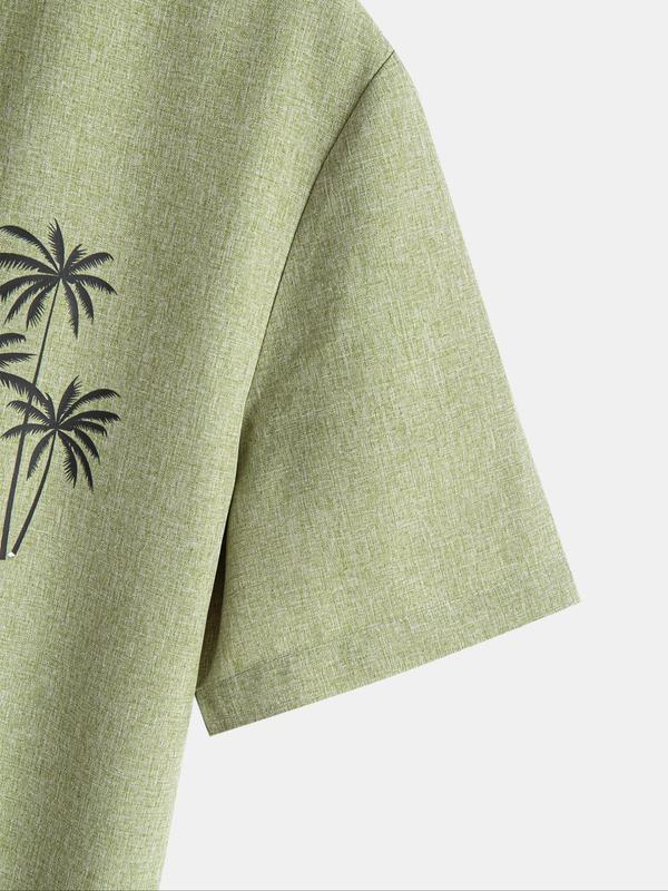 Men's Loose Coconut Tree Print Button Front Shirt, Casual Short Sleeve Mock Neck Top for Summer, Fashion Men's Streetwear Clothes for Daily Wear