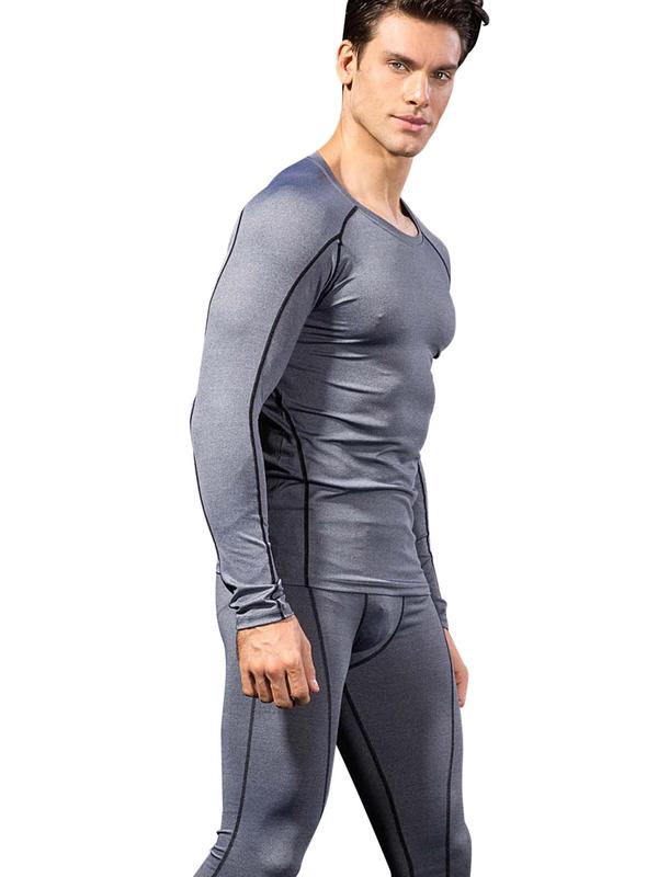 Men's Thermal Underwear Set, Long Sleeve Round Neck Compression Top & Letter Print Leggings, Casual Comfy Thermal Underwear Set for Fall & Winter