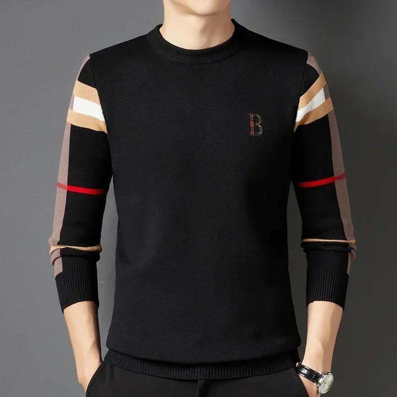 Men's Sweater Knitted Pullover Autumn Winter New Soft Warm Striped Checker Round Neck Sweater Casual Fashion Men Clothing