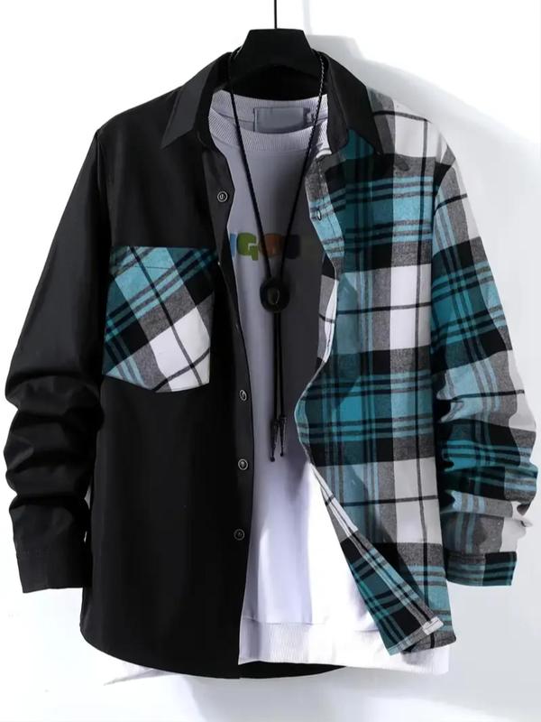 Men's Plaid Patchwork Print Button Front Shirt, Loose Casual Long Sleeve Collared Top for All Seasons, Shirts for Men, Men's Clothes for Daily Wear