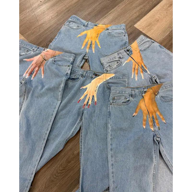 Y2k Gothic Hip Hop Palm Print Baggy Jeans Harajuku Fashion Men Women Streetwear High Waist Denim Pants Vintage Straight Trousers