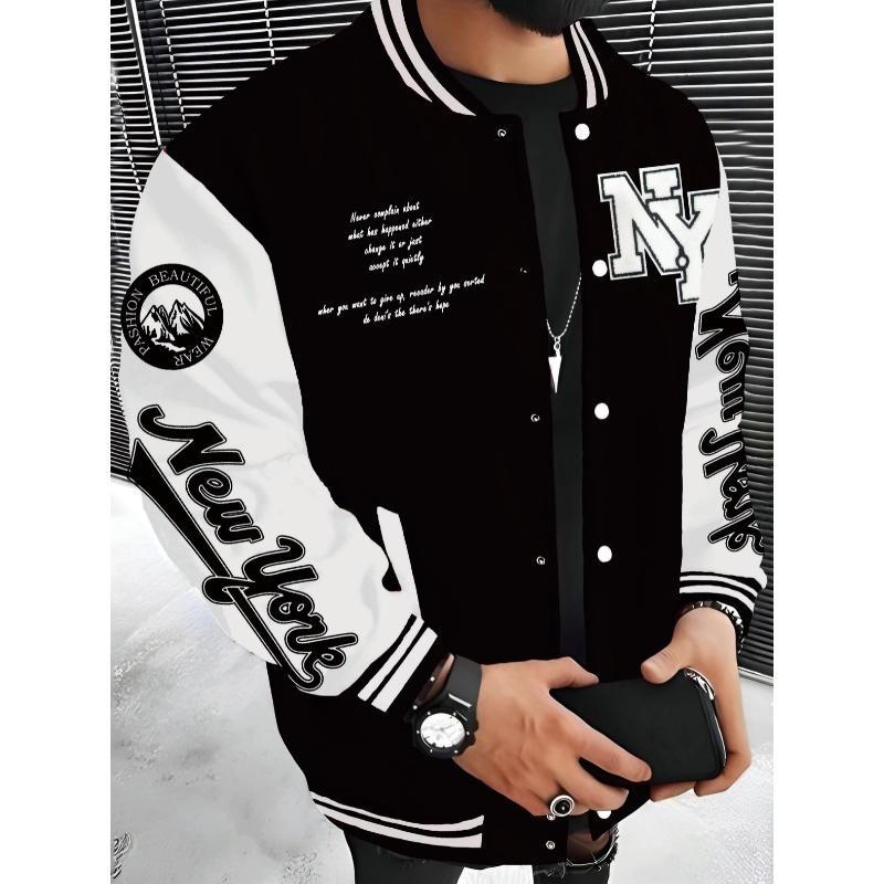 New York Series Men's Casual Fleece Baseball Jacket - 100% Polyester Knit Fabric, Slight Stretch, Alphabets Pattern, Regular Fit Fall Winter Jacket with Baseball Collar Style Menswear Coats Menswear Coats Menswear Coats Menswear Coats Menswear Coats Tops