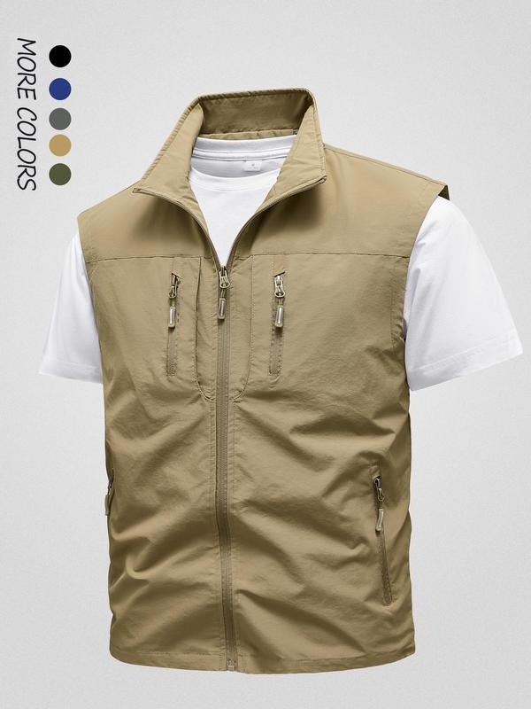 Men's Solid Pocket Zipper Vest Waistcoats, Regular Fit Casual Sleeveless Collared Outerwear for Fall & Winter, Men's Clothes for Outdoor Activities Tops