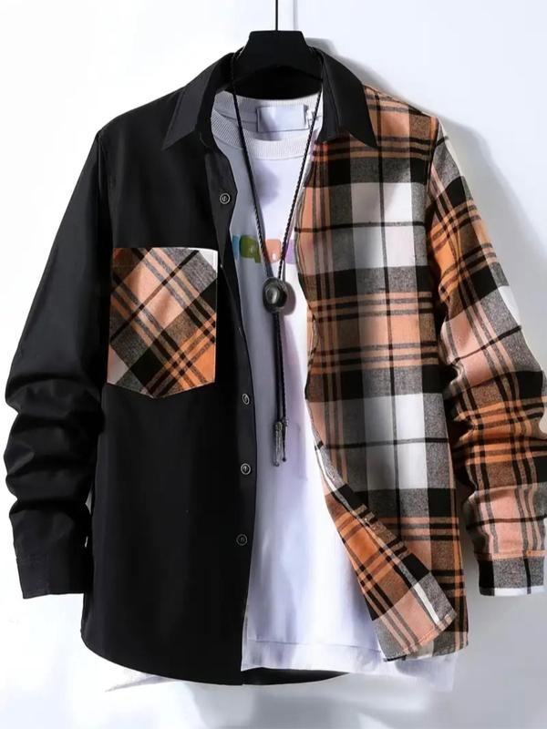 Men's Plaid Patchwork Print Button Front Shirt, Loose Casual Long Sleeve Collared Top for All Seasons, Shirts for Men, Men's Clothes for Daily Wear