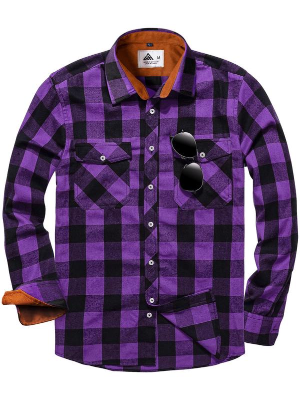 Men's Plaid Print Button Front Shirt, Shirts for Men, 2000s Shirts, Regular Fit Casual Long Sleeve Collared School Tops for Spring & Fall, Men's Clothes for Daily Wear