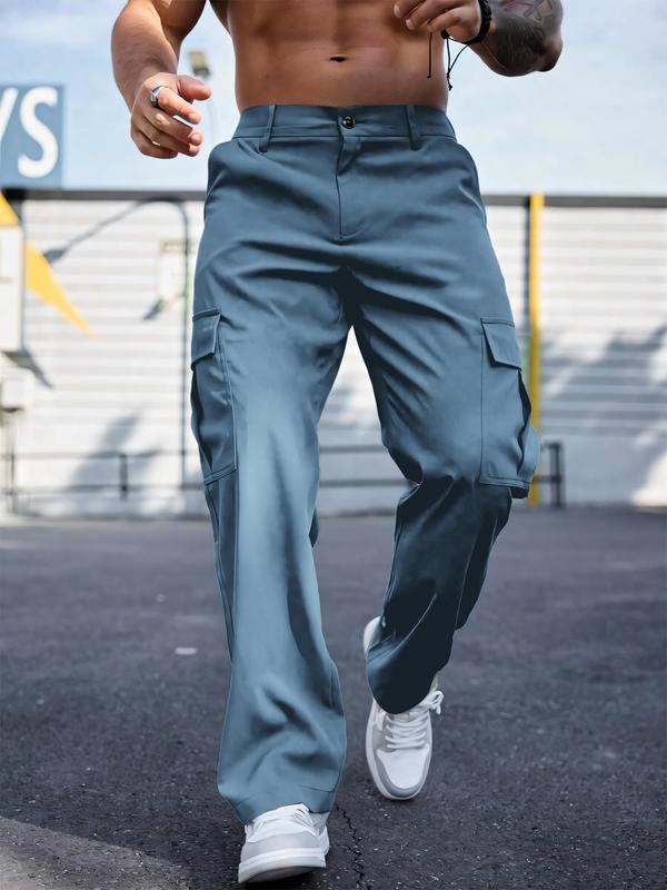 Men's Solid Flap Pocket Cargo Pants, Loose Casual Button Design Trousers for Daily Wear, Fashion Men's Bottoms for All Seasons