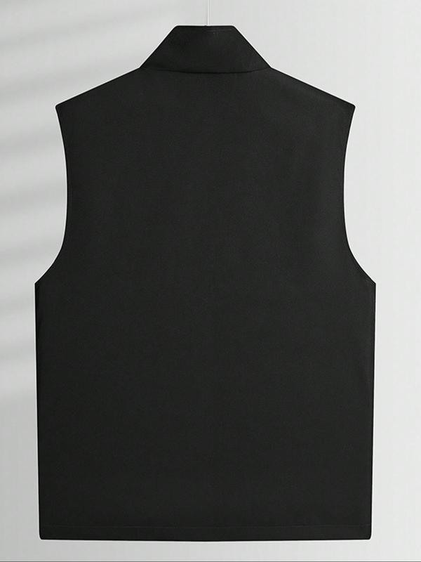 Men's Solid Zip Up Mock Neck Waistcoat, Loose Casual Pocket Design Sleeveless Outerwear for Spring & Fall, Fashion Men's Clothes for Daily Wear